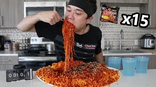 Most Korean Fire Noodles Ever Eaten x15 Packs  불닭 볶음면 도전 [upl. by Branch443]