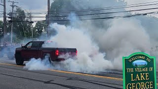 Chaos on the Lake George Strip Burnouts Cops Reving Rolling Coal [upl. by Lewej]