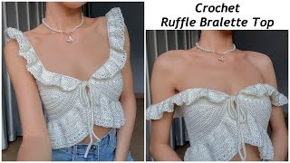 Crochet Ruffle Bralette Top Tutorial  Chenda DIY [upl. by Ehctav]