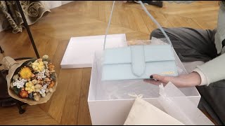 Unboxing ASMR  Jacquemus Bambino Long en Cuir Bleu [upl. by Hairaza]