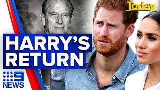 Prince Philips death Harry expected to return for funeral  9 News Australia [upl. by Aenel]