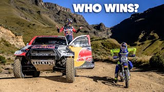 Dakar Rally Car VS Dirt Bike Who is Quickest up Sani Pass [upl. by Nosirb937]