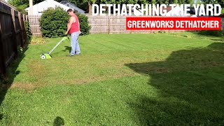 Dethatching the yard with GreenWorks Electric Dethatcher  Power Rake [upl. by Ruyam]