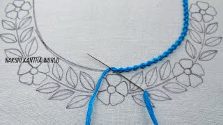 Wow its so cute floral neckline embroidery for kurti New hand embroidery neck design tutorial [upl. by Caria]