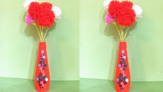 Empty bottle flower vase making with woolen pom pom  Wine bottle decoration Ideas  DIY craft [upl. by Sirois]