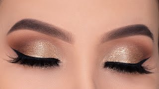 Classic Golden Glitter Eye Makeup Tutorial  Holiday Eye Look [upl. by Oigres]