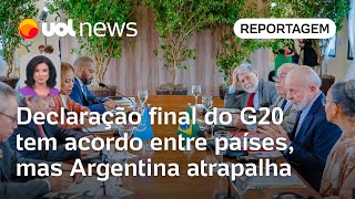 Declaração final do G20 no Brasil tem acordo entre países mas Argentina atrapalha  Raquel Landim [upl. by Sacks]