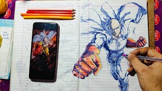 Saitama Drawing with ballpoint pen One punch man drawing [upl. by Seiber]