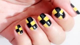 Checkered nail art design for beginners using yellow and black nail polish💅 25 [upl. by Aruasi]