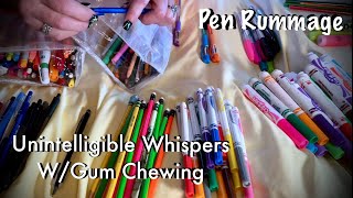 ASMR Pen amp pencil rummage Unintelligible Whispers WGum chewing Heavy plastic crinkles [upl. by Goeselt]