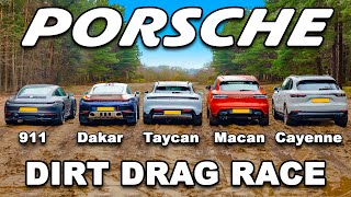 Porsche 911 Dakar v Taycan v 911 GTS v Macan v Cayenne OFFROAD DRAG RACE [upl. by Brackett]