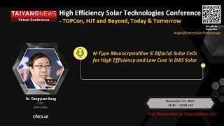 Dengyuan Song DAS SolarNtype monocrystalline Si bifacial cells for high efficiency and low cost [upl. by Elyl]