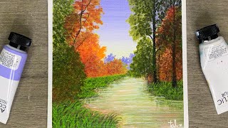 Beautiful Lake in a Middle of Autumn Forest  Acrylic Painting for Beginners [upl. by Shanna]