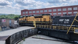 Turntable action at Juniata Locomotive Works in Altoona PA with the Reading Heritage Unit [upl. by Relyk217]