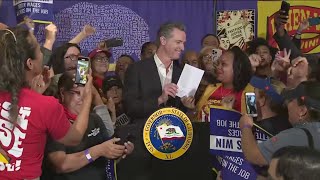 Fast food workers celebrate new 20 minimum wage in California [upl. by Godding]