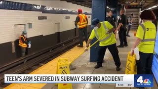 15YearOld Loses His Arm in SUBWAY SURFING Accident in Queens  NBC New York [upl. by Oirromed339]