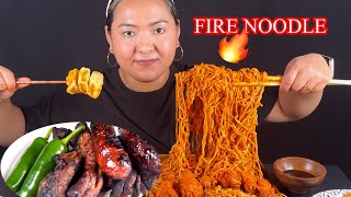 EATING REALLY SPICY FIRE KOREAN NOODLE  BARBECUE SAUSAGE AND RIBS  FIRE NOODLE [upl. by Pinckney]