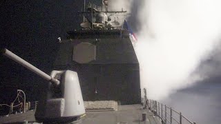 Launch of 30 BGM109 Tomahawk cruise missiles from a US Navy cruiser in the Red Sea [upl. by Hairakcaz]