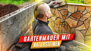 Gartenmauer selber bauen und mit Natursteinen verkleiden Schalungssteine Polygonalplatten [upl. by Estel305]