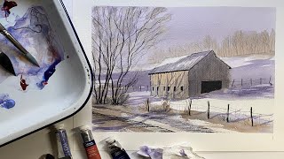 Paint SNOW Simple Watercolor Landscape HOLIDAY CARD Beginners Watercolour Painting Tutorial Demo [upl. by Mode]