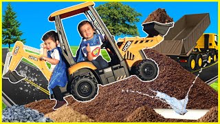 Excavator digging dirt at construction site with kids ride on backhoe digger and excavator bulldozer [upl. by Eeryt]