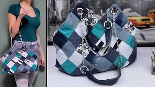 DIY ADORE PATCHWORK DENIM JEANS WOMAN BAG SEWING IDEA FROM SCRATCH [upl. by Endora]