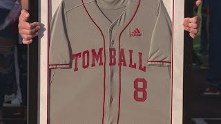 Tomball High School baseball team retires number of teen killed by escaped inmate last year [upl. by Aitnyc600]