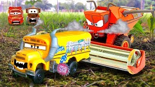 TRACTOR TIPPING Disney Cars Toys Miss FRITTER Chased FRANK Lightning McQueen Mater Cars TOY Movie [upl. by Janean]