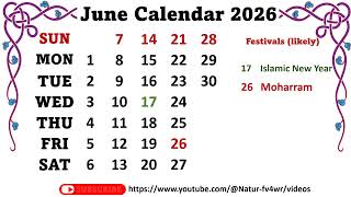 June Calendar 2026 junecalender2026 [upl. by Meeks562]