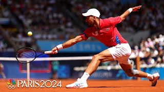 Novak Djokovic glides to drop shot as final against Carlos Alcaraz heats up  Paris Olympics [upl. by Narayan]