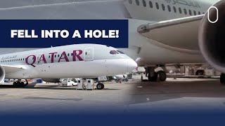 Qatar Airways Boeing 787 Falls Into Drain Hole Engine Damaged [upl. by Nnaecarg]