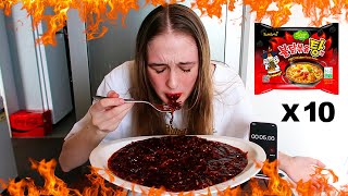 Korean 10x Spicy Fire Noodle Stew Challenge [upl. by Aizatsana261]