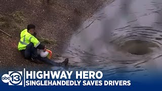 HIGHWAY HERO Faced with flood man singlehandedly saves motorists [upl. by Day142]