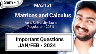 Matrices and Calculus Important questions in Tamil MA3151 JanFeb 2024 Anna University Exam in Tamil [upl. by Aneekahs]