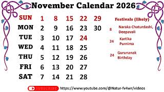 November Calendar 2026  novembercalender2026 [upl. by Nnodnarb707]