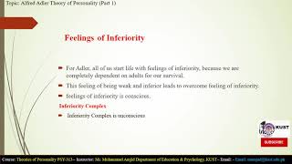 FACULTY456 PSY313 KUST20201 L11 P1 Alfred Adler Theory of Personality [upl. by Ahsiret]